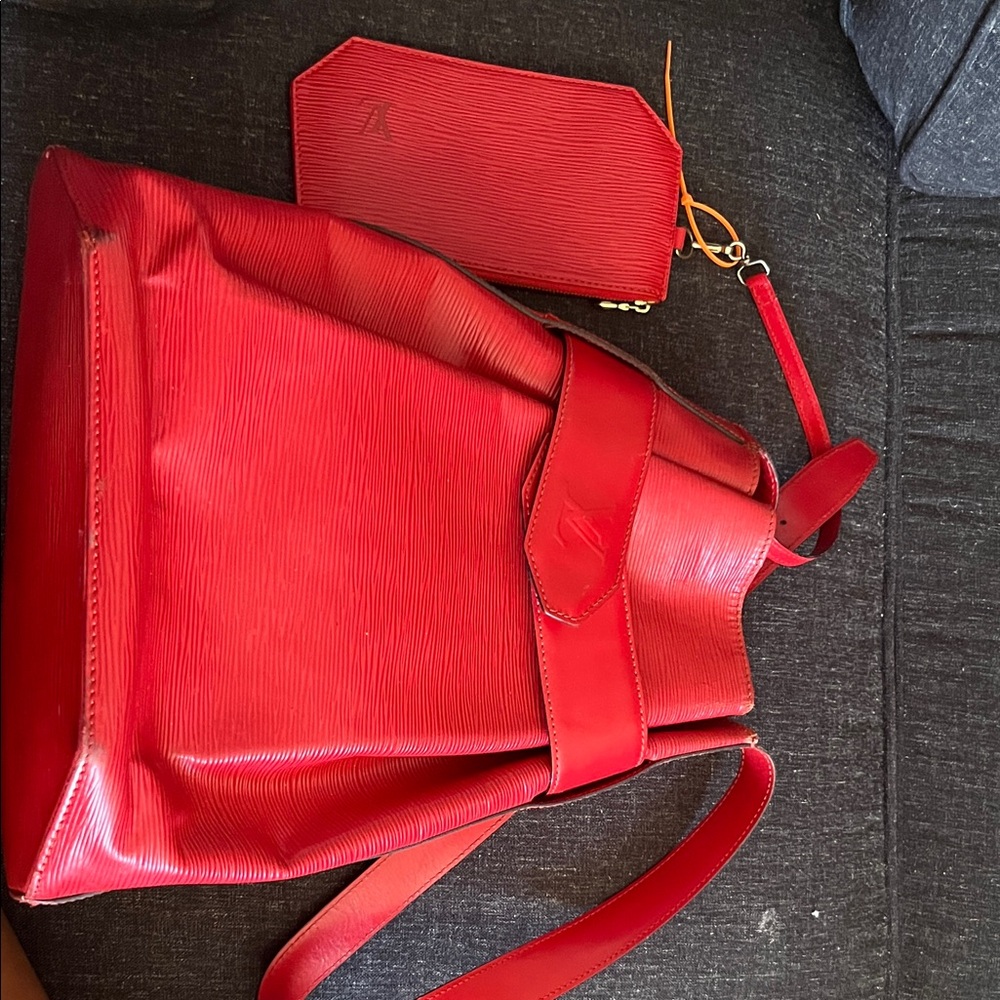Red Leather Shoulder Bag with Wrist Pouch  clean but pulled strings at the top